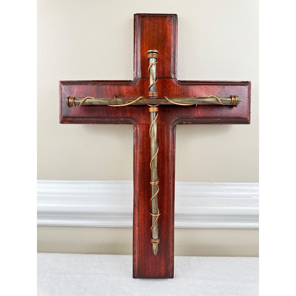 Rustic Wood & Metal Spike Wall Cross Copper Wire Wrapped Religious Decor 14"